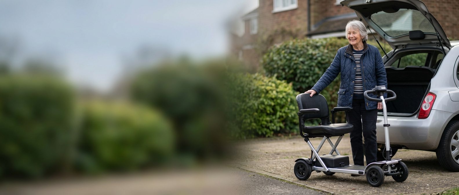 A lightweight folding mobility scooter beside the open boot of a small car